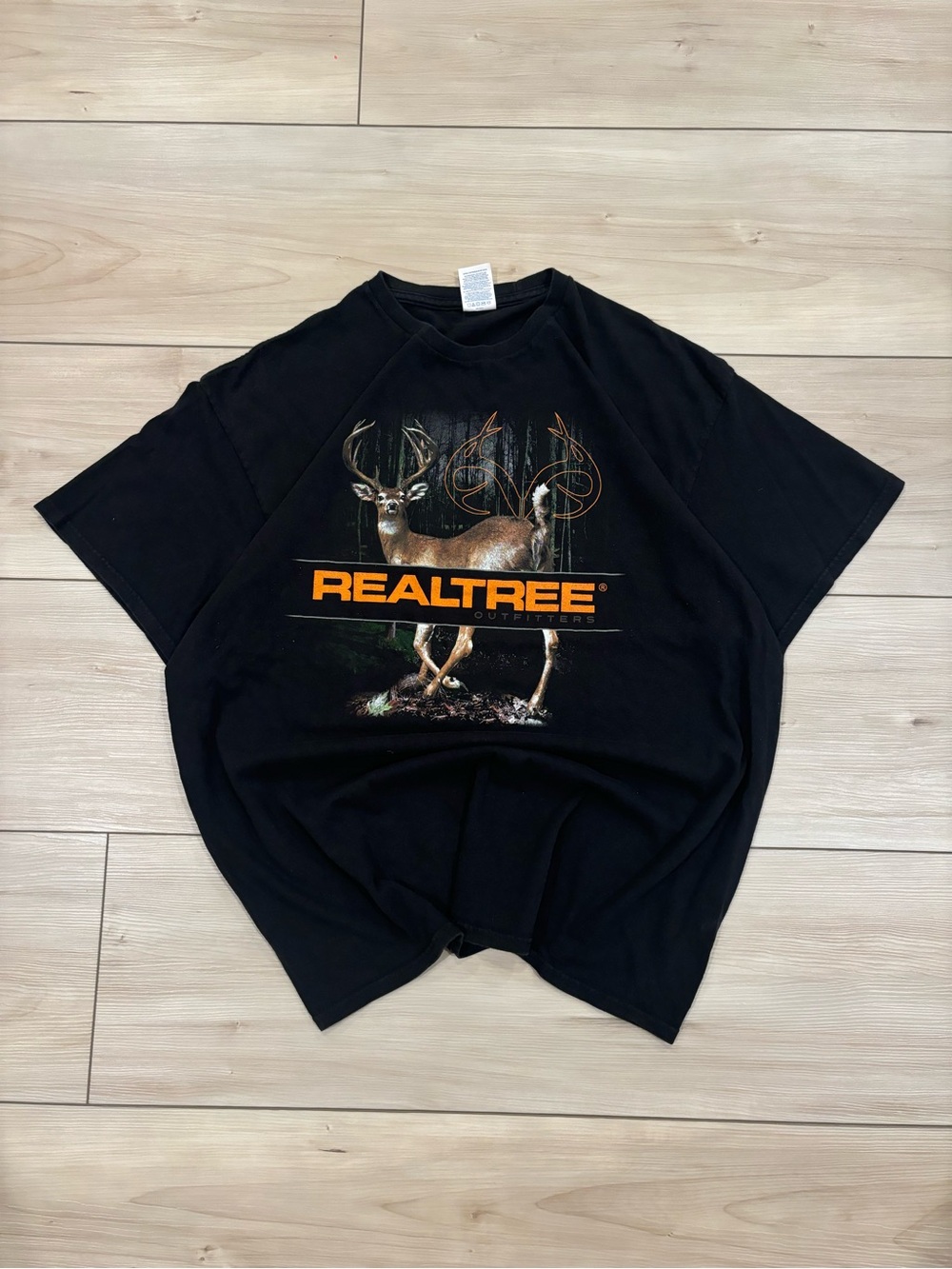 Realtree Vintage Outdoor Nature Mens Black Tee with Orange Logo and Deer Graphic